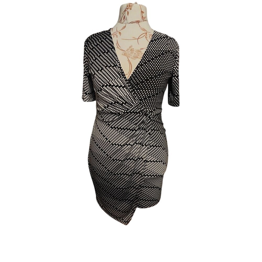 Black White Polka Dot Print Faux Wrap Dress‎ Short Sleeve Career Party #91C